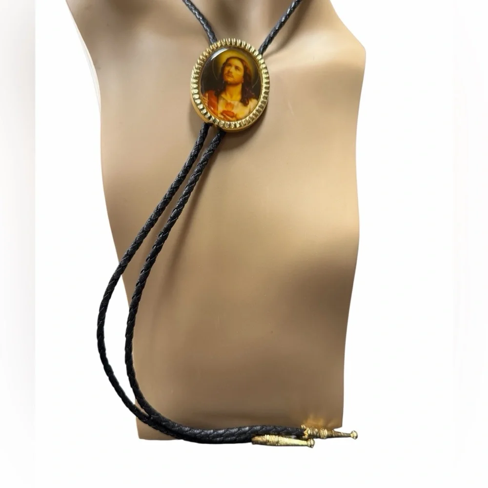 Bolo Tie Goldtone Framed Jesus Goldtone Metal Decorative Tips Black Cord